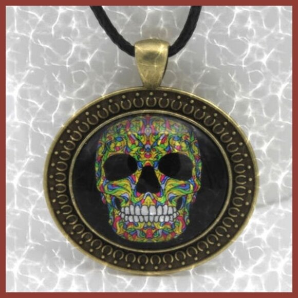 Rose Sugar Skull Cabochon Unisex Pendant Necklace - Picture 1 of 5